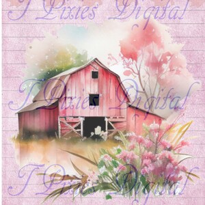 May include: A watercolor painting of a red barn with a white door and windows. The barn is surrounded by green grass and pink flowers. The background is a light blue sky with white clouds.