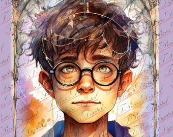 May include: Digital art portrait of a young person with brown hair, round black glasses, and green eyes. The artwork has a watercolor style with a soft color palette, framed by an ornate border with the text "T. Pixies Digital".