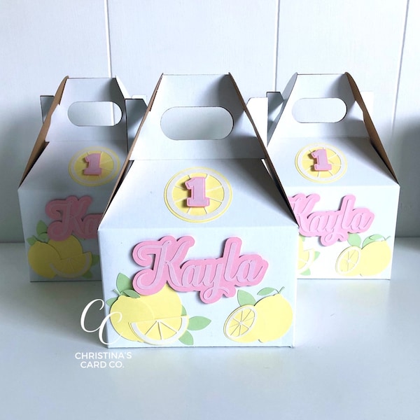 Pink Lemonade Theme Party Favor Boxes | 6x4x4 inch Gable Boxes | Lemon Theme Party Favours, Light Pink, Yellow Lemonade Lemon Fruit Party