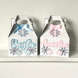 Snowflake Favor Boxes | 6x4x4 inch Gable Boxes | Winter Wonderland Onederland Party Theme White Glitter Silver Pink Blue