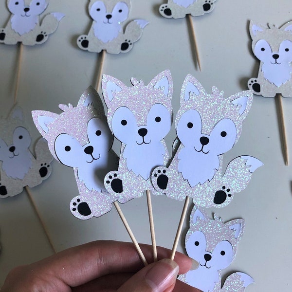 Wolf Cupcake Toppers | Arctic Animals Winter Wonderland Theme Party Decorations | Onederland Theme, Snowflake Decor, Baby Wolves