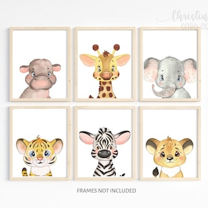 Nursery Wall Prints | Safari Animal Theme | 5x7, 8x10, 11x14 | Nursery Decor Art Prints | Hippo Giraffe Elephant Tiger Zebra Lion