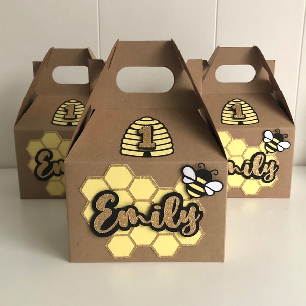 Honey Bee Theme Party Favor Boxes | 6x4x4 inch Gable Boxes | First Bee Day Party Favours, Honeycomb, Gold Glitter, Bumble Bees, Beehive