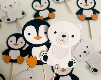 Decorazioni per cupcake a forma di pinguino e orso polare / Animali artici / Festa a tema "Paese delle meraviglie invernale"