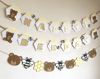 Bannière et guirlande d'ours miel | Premier anniversaire, guirlande de douche de bébé, premier jour d'abeille | Nid d'abeille, abeilles et bébés ours bruns | Paillettes d'or