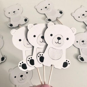 Polar Bear Cupcake Toppers | Arctic Animals Winter Wonderland Theme Party Decorations | Onederland Theme, Snowflake Decor, Baby Polar Bears