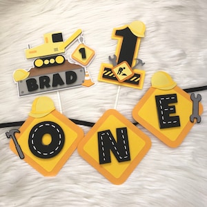 First Birthday Cake Smash Set | Cake Topper and High Chair Banner | Construction Theme Birthday Party | Trucks, Hard Hats, Tools, Diggers