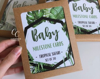 Baby Milestone Cards | Tropical Safari | Set of 30 Double-Sided Milestone Cards for Baby's First Year | Safari Animals Tropical Leaves