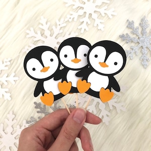 Penguin Cupcake Toppers | Arctic Animals Winter Wonderland Theme Party Decorations | Onederland Theme, Snowflake Decor, Baby Penguins