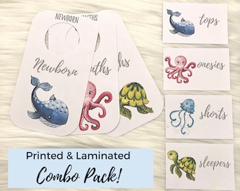 COMBO PACK Laminated Baby Closet Dividers & Drawer Labels | Under The Sea Theme Set of 16 | Gender Neutral Nursery Decor and Accents