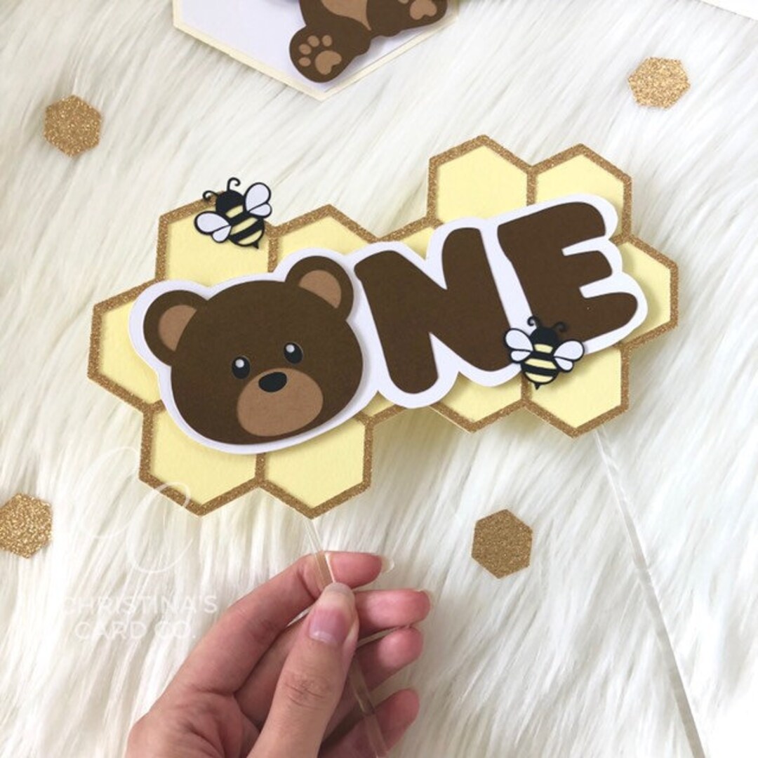 Cute Bear 1st Birthday Cake Topper - Honey Bear Theme, "Wild One" Design, Blue Vintage Cartoon Style - View #13