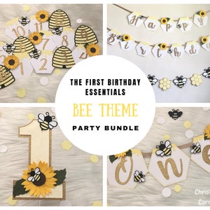 Peut inclure: Décorations de fête pour le premier anniversaire sur le thème des abeilles. L'ensemble comprend une bannière qui dit "Joyeux anniversaire", une bannière qui dit "Un", des découpes en forme de nid d'abeille et d'abeille, et un topper de gâteau numéro un avec une abeille et un tournesol.