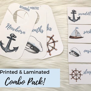 COMBO PACK Laminated Baby Closet Dividers & Drawer Labels | Nautical Theme Set of 16 | Baby Boy Nursery Room Decorations and Accents