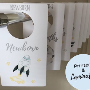 PRINTED & LAMINATED Baby Closet Dividers | Outer Space Nursery Theme | Astronaut, Planets, Galaxy, Stars and Moon, Rocket Ship | Grey, Blue