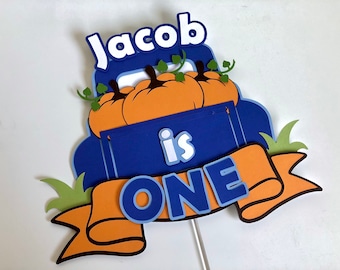 Customizable Blue Truck Pumpkin 1st Birthday Cake Topper
