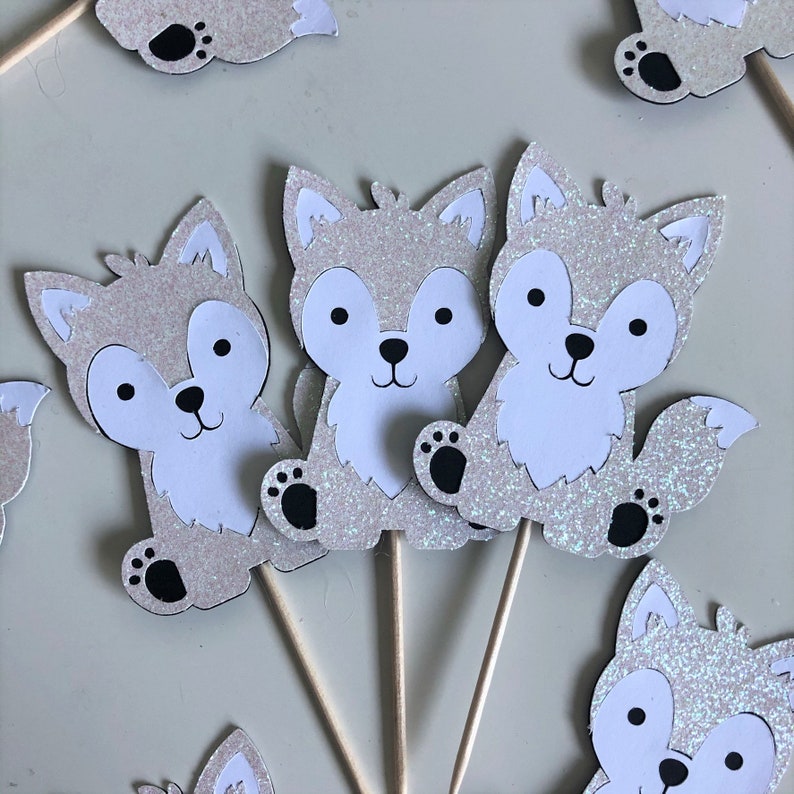 Toppers cupcakes loup Décorations de fête à thème Winter Wonderland des animaux arctiques Thème Onederland, décor de flocon de neige, bébés loups image 2