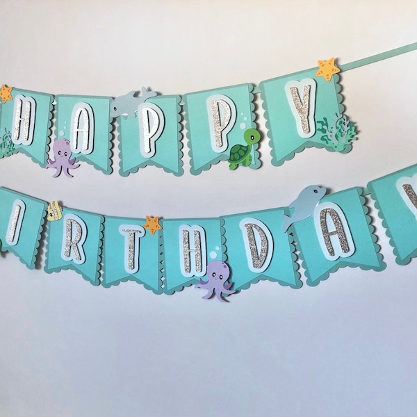 Happy Birthday Banner | Under The Sea Theme Party Decorations | Sea Animals, Octopus, Dolphin, Sea Turtle, Fish, Starfish