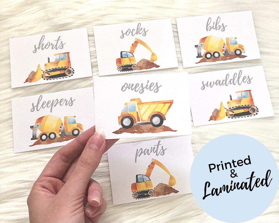 PRINTED & LAMINATED Baby Drawer Labels | Construction Trucks | 8 ...