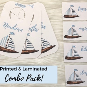 COMBO PACK Laminated Baby Closet Dividers & Drawer Labels | Blue Boats Set of 16 | Nautical Theme Baby Boy Nursery Room Decor and Accents