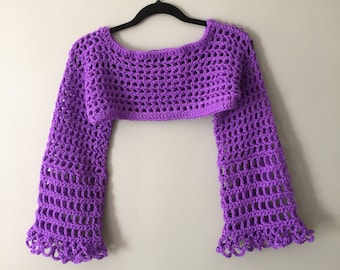 Crochet Bolero Shrug In Amethyst Purple Color/ Ultra Short Mesh Top With Long sleeves/ Present For Her