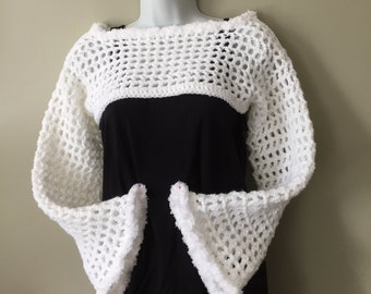 Crochet White Bolero Shrug With Fluffy Edging/ Long Sleeve Arm Warmers/ Super Short Crop Top With Long Sleeves