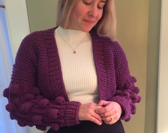 Knitted Chunky Cardigan With Bubble Sleeves/ Short Bomber Jacket In Plum Color/ Cropped Cardigan