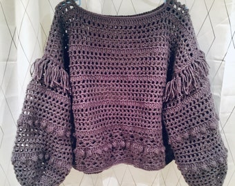 Large Size Sweater In Bohemian Style/ Crochet Top With Lace, Mesh, Bubbles And Fringes/ Boho Chic/ Jumper With Puff Sleeves/ Present For Her