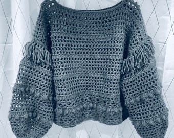 Pull grande taille de style bohème/Haut au crochet avec dentelle, résille, bulles et franges/Bohème chic/Pull avec manches bouffantes/Cadeau pour elle