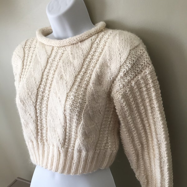 Made To Order Knitted Alpaca Crop Sweater With Mock Cables/ Natural Off White Knitted Jumper