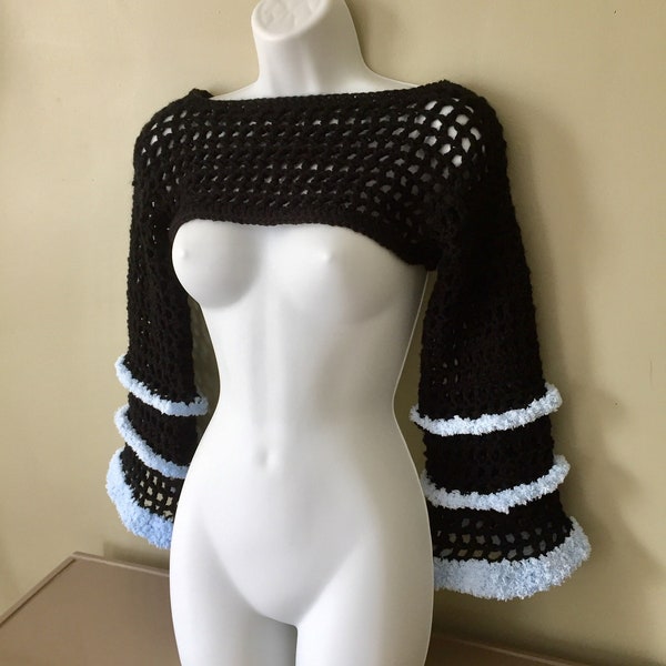 Crochet Black Bolero Shrug With Fuzzy Sleeve Edging/ Ultra Short Mesh Crop Top With Long Sleeves/ Pastel Goth Outfit/ Present For Her