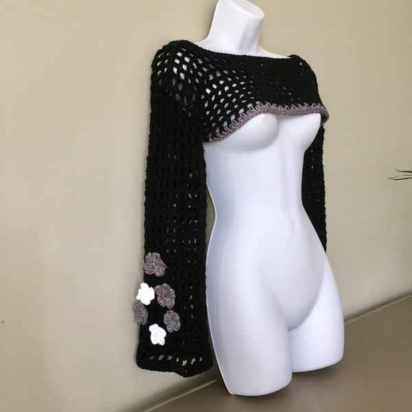 Crochet Black Bolero Shrug With Flower Appliques/ Ultra Short Lace Crop Top With Decorative Flowers On The Sleeve