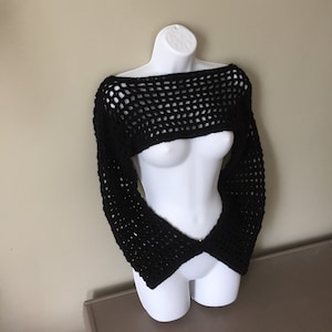 Crochet Bolero Shrug In Black Color/ Super Crop Top With Long Sleeves/ Mesh Stich Arm Warmer/ Present For Her