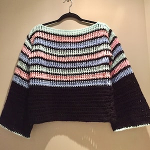Larger Size Crochet Sweater/ Multicolor Crochet Top In Boho Style/ Pastel Color Stripes On Black Background/ Present For Her