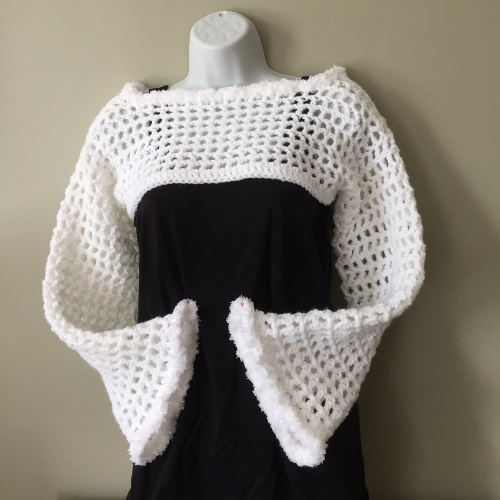 Crochet White Bolero Shrug With Fluffy Edging/ Long Sleeve Arm Warmers/ Super Short Crop Top With Long Sleeves Aurateestyle
