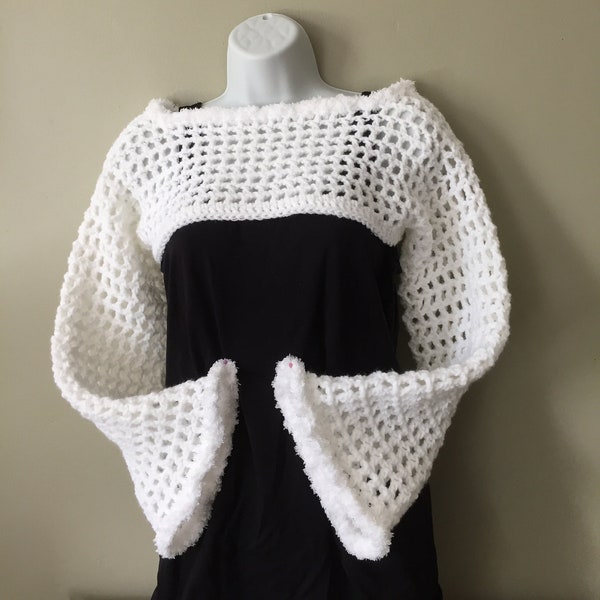 Crochet White Bolero Shrug With Fluffy Edging/ Long Sleeve Arm Warmers/ Super Short Crop Top With Long Sleeves
