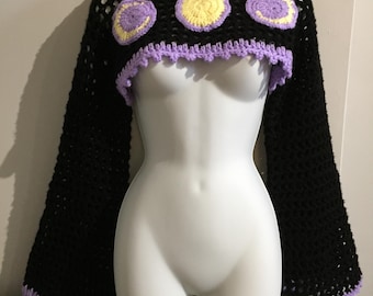 Crochet Bell Sleeve Shrug In Whimsy Goth Style/ Bolero With Moon Phase Appliques