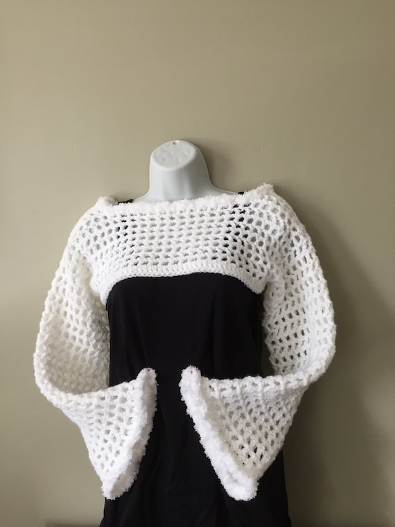 Crochet White Bolero Shrug With Fluffy Edging Long Sleeve Arm Warmers Super Short Crop Top With Long Sleeves