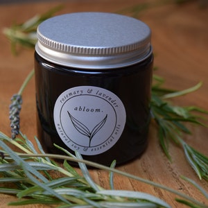 Lavender & Rosemary, naturally scented vegan soy wax candle, 100% pure essential oils. Amber glass jar with aluminium lid.