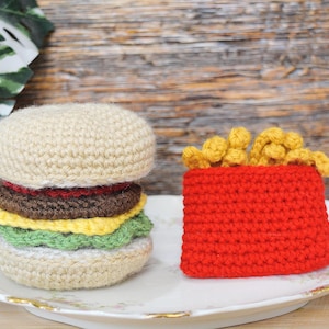 Crochet Burger and Fries for Kids Toy Gift for Children Crochet Food Decor Handmade Crochet Food Play Kitchen Food Montessori Toy Meal