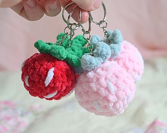 Strawberry Crochet Keychain Bag Charm Backpack Accessory Zipper Pull Handmade Gift Women Birthday Teacher Appreciation Friend Present Fruit