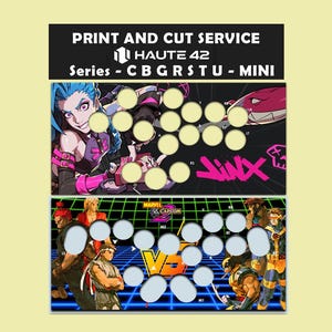 Może przedstawiać: Projekt usługi drukowania i cięcia z dwoma panelami gier arkadowych. Górny panel ma czarne tło z ilustracją postaci i słowem "Jinx" w kolorze różowym. Dolny panel ma tło w kratkę z postaciami Marvel vs Capcom.