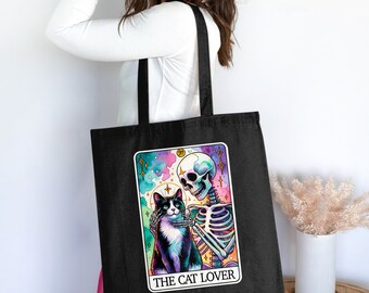 Tote Bag met kleurrijke kat- en skeletkunst, uniek grafisch ontwerp Tote, griezelige schattige kattenliefhebber cadeau