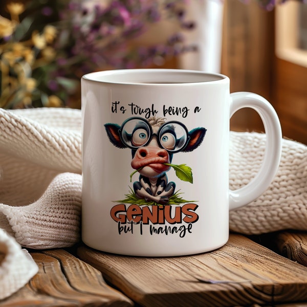 Funny Genius Cow with Glasses Mug, Quirky Animal Coffee Cup, Geeky Farmhouse Kitchen Decor, Unique Gift for Nerds