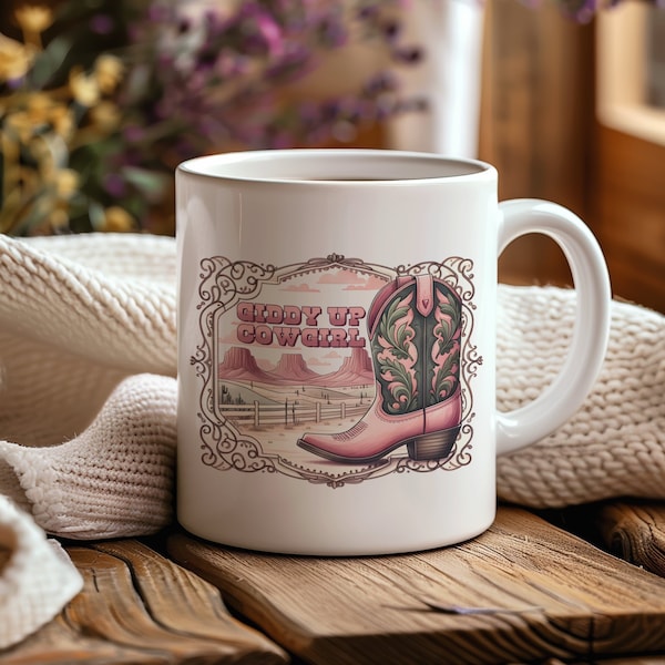 Western Cowgirl Boot Coffee Mug, Pink Cowboy Boot, Desert Landscape, Unique Gift for Her, Ceramic Mug