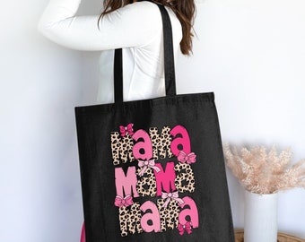 Stijlvolle draagtas met mama luipaardprint en roze strikken, perfect cadeau voor mama