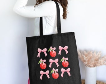 Draagtas met kersenprint, schattig roze strikfruitpatroon, zomermode-accessoire