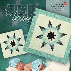 May include: A quilt pattern called "Star Baby" featuring a large teal and black star with a smaller teal and black star in the background. The pattern is for foundation paper piecing and is available on Quiltworx.com.