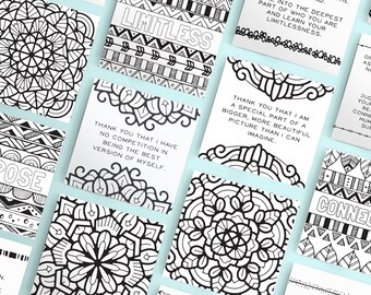 Cartes d'Affirmations positives imprimables, pratique de gratitude quotidienne d'autonomisation, Mandala Art Motivational Coloring Pages Digital Download