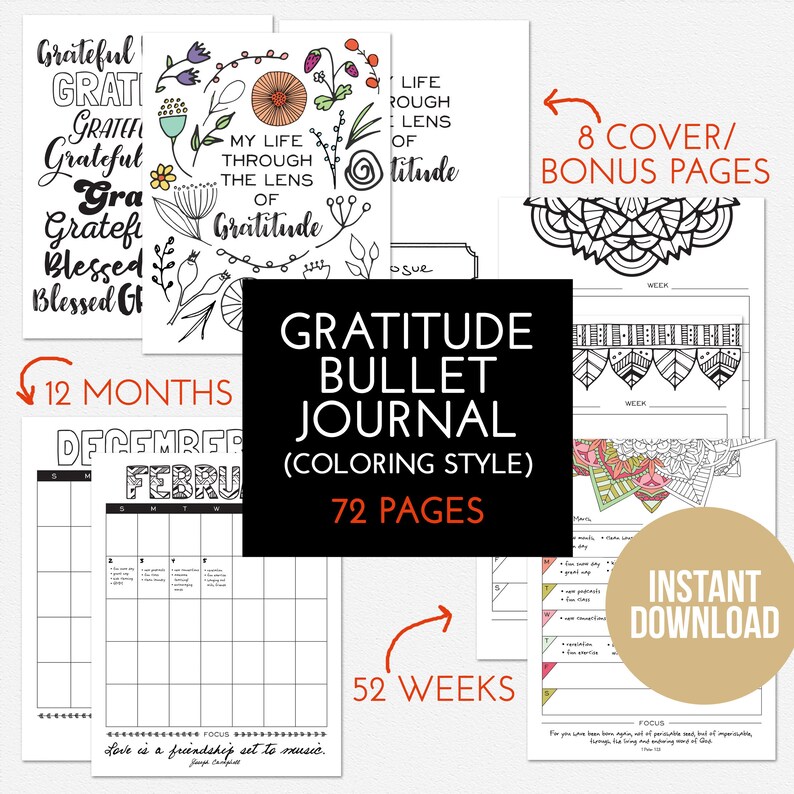 Bullet Gratitude Journal Printable Digital Download,mandala Coloring ...