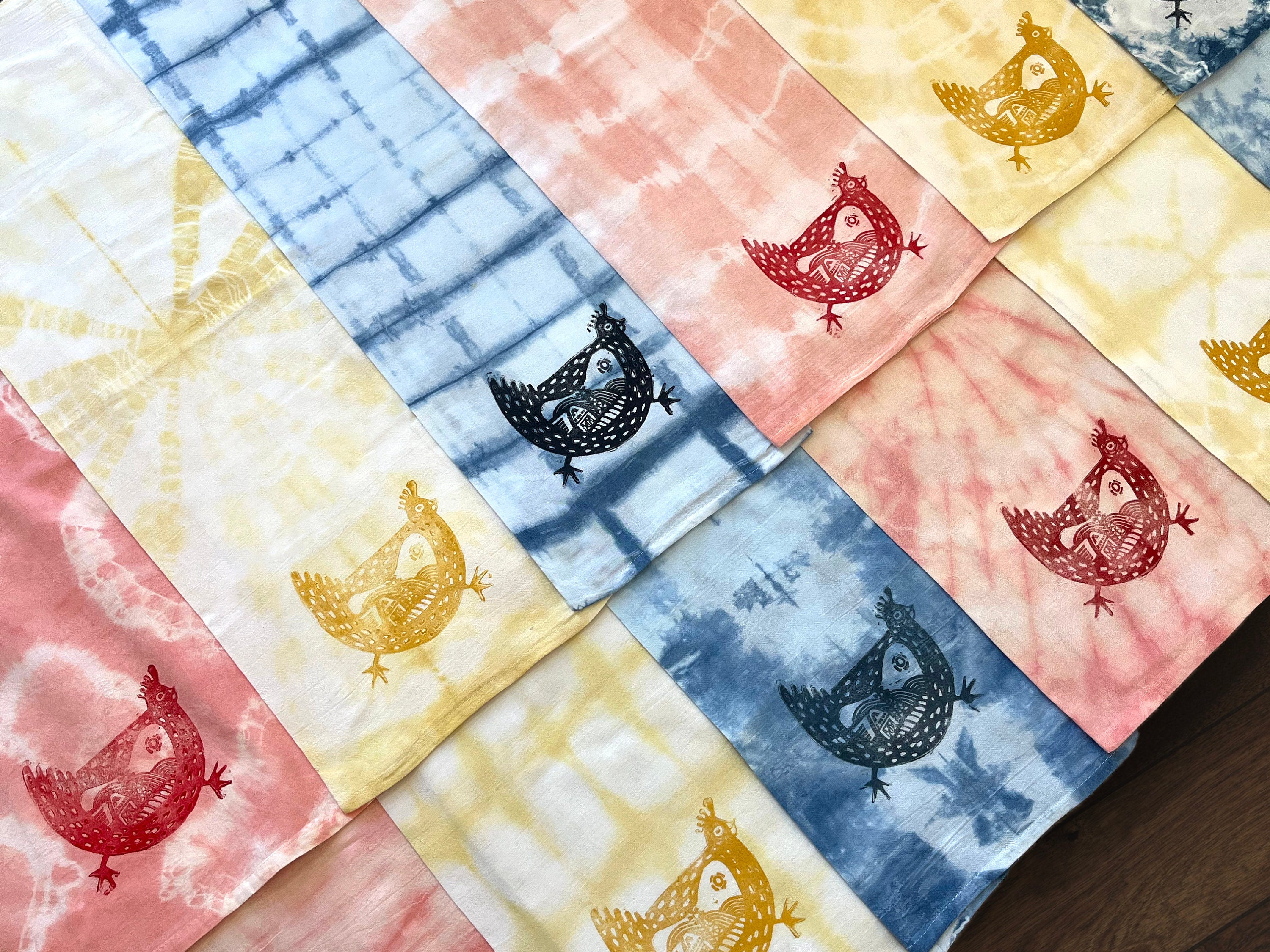Chicken/Rooster Flour Sack Dish Towel, Ice-Dyed, Color Treated, Bleed Treated, Linocut Print Towel, Red, Yellow, Blue